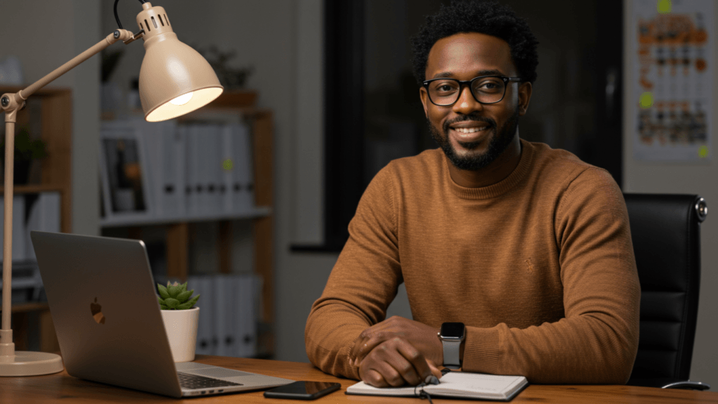 Successful African-American affiliate marketing mentor working from modern home office. Professional entrepreneur showcasing digital lifestyle with MacBook, Apple Watch, and iPhone, sharing expertise in online business success strategies.
