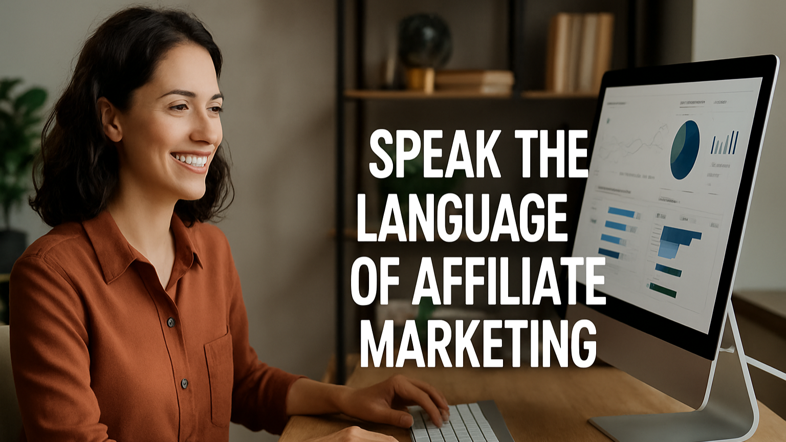 Smiling woman working on affiliate marketing at computer with analytics dashboard and text overlay 'Speak the Language of Affiliate Marketing.