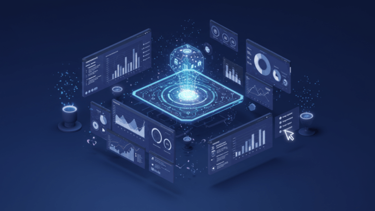 AI affiliate marketing dashboard with interactive analytics and performance metrics. Modern business interface showing digital marketing automation, data visualization, and real-time campaign tracking in professional blue and purple design.