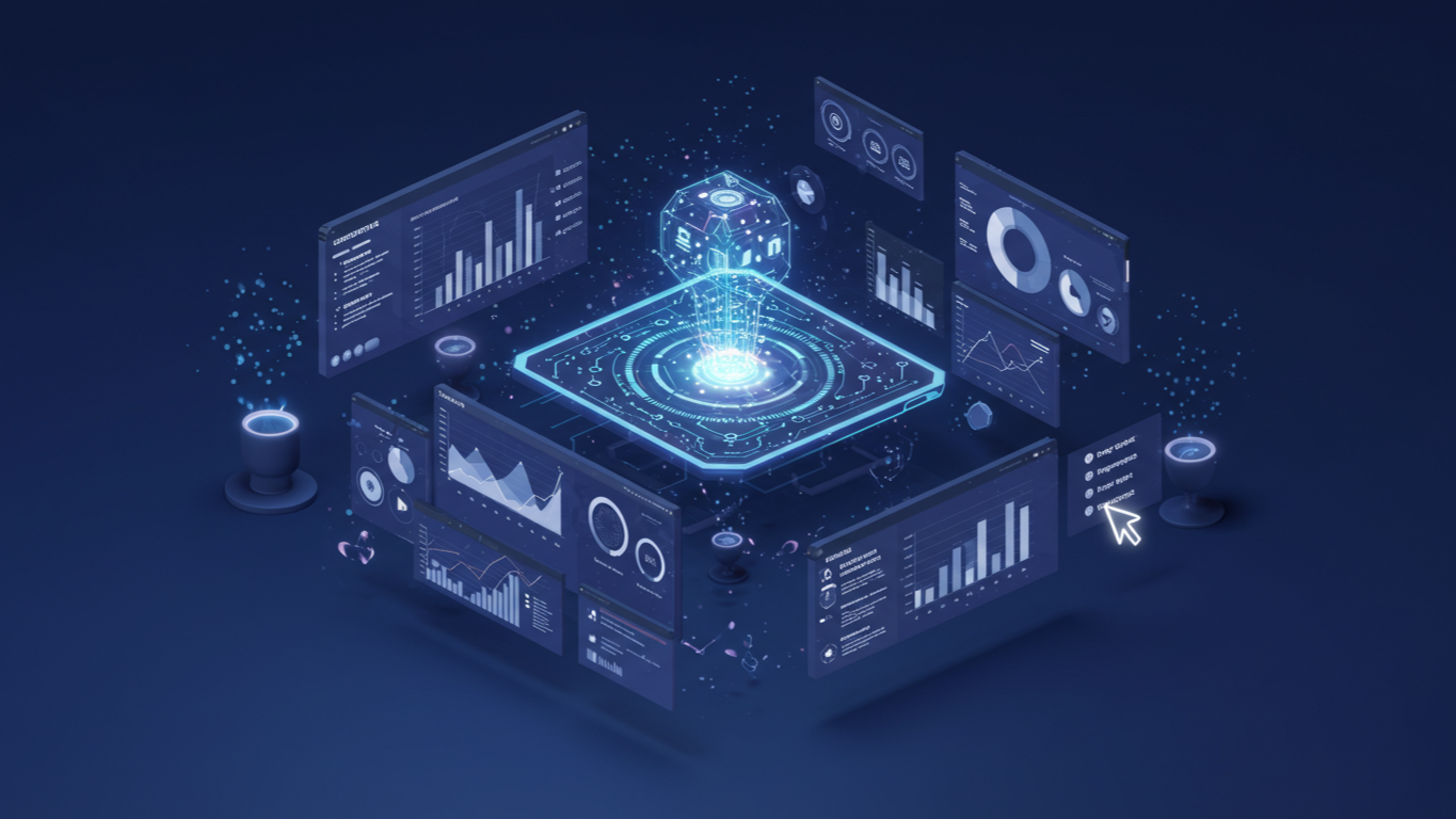 AI affiliate marketing dashboard with interactive analytics and performance metrics. Modern business interface showing digital marketing automation, data visualization, and real-time campaign tracking in professional blue and purple design.