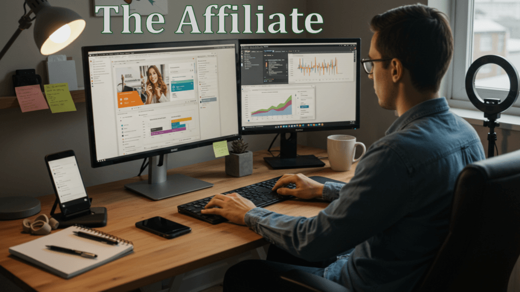 Affiliate marketer working from a home office, embedding affiliate links in a blog post displayed on a dual-monitor setup. Analytics dashboards and marketing tools highlight the strategic aspects of their work.