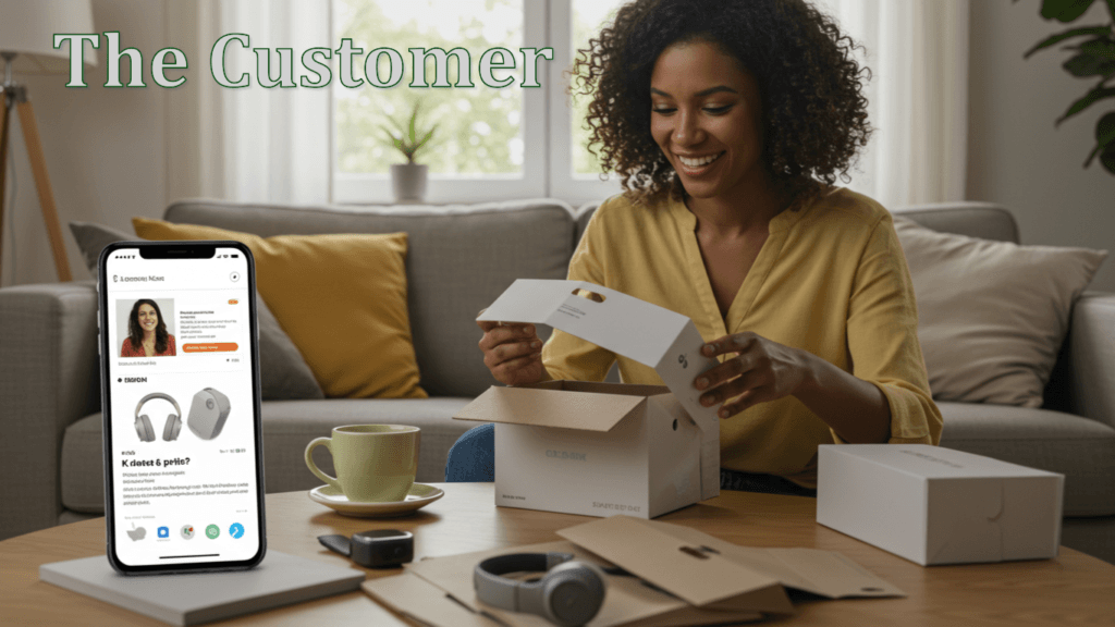 Happy customer unboxing a new product in their living room, with their smartphone showing the affiliate blog post that led to their purchase.