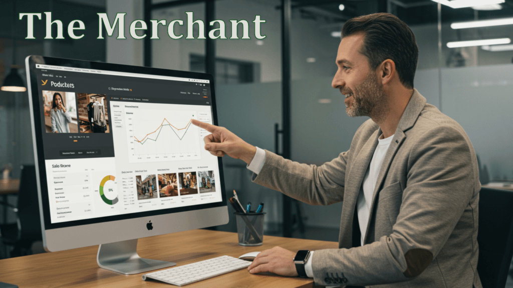 Business professional demonstrating e-commerce dashboard on large screen in modern office, pointing to sales metrics and affiliate program interface with confident expression.