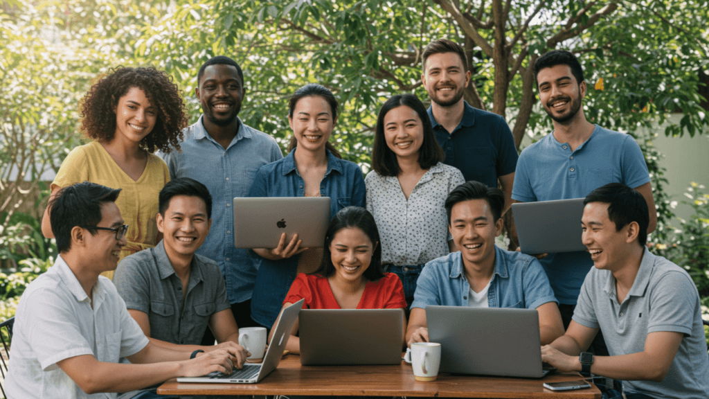 Wealthy Affiliate Review Community working on their laptops outdoors