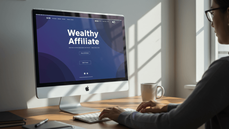 Wealthy Affiliate Review Person working in iMac displaying Wealthy Affiliate Home page