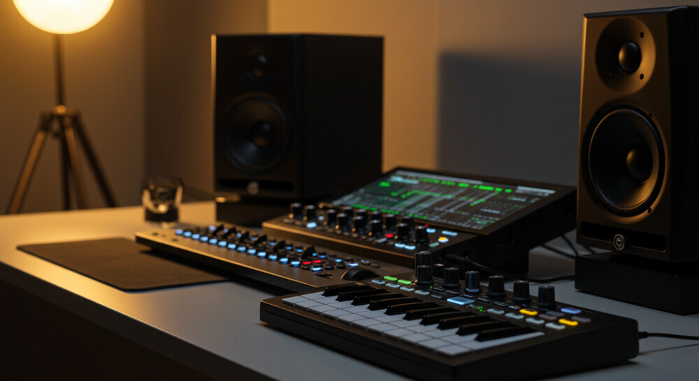 Modern home recording studio setup with professional audio equipment on a clean wooden desk. A Focusrite audio interface, KRK studio monitors, and MIDI controller are arranged elegantly under warm ambient lighting.