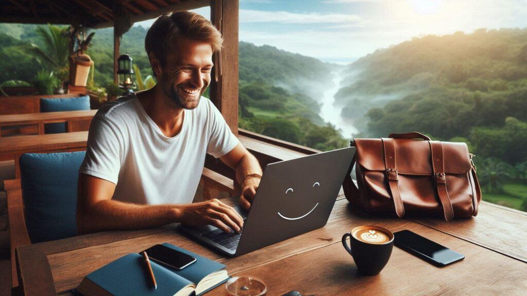 man with happy face working outdoors in serene environment