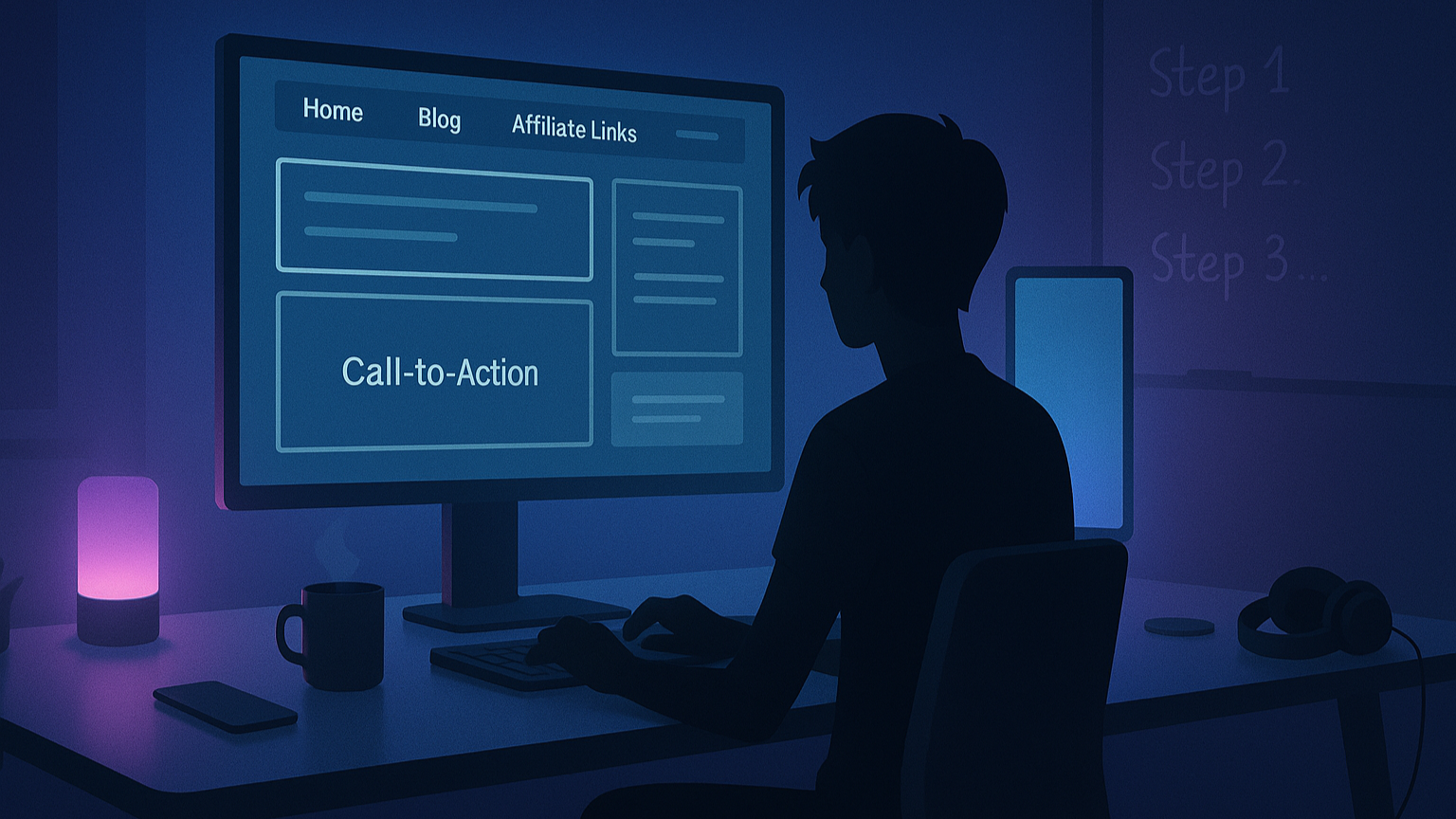 First Affiliate Website Setup. Young affiliate marketer working at his home office desk late at night.