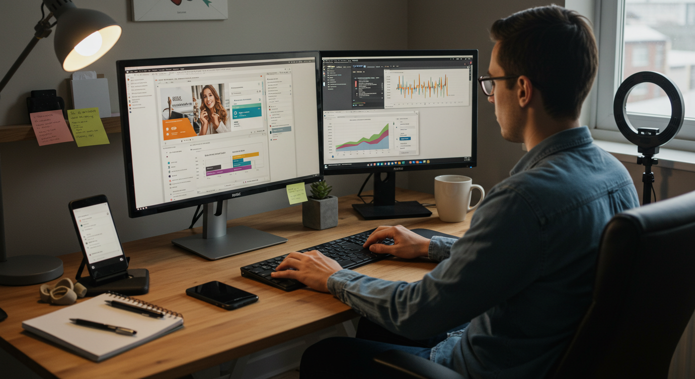 Understanding Conversion Rates. Affiliate marketer working at his desk to reviewing conversion rate and other performance metrics on a dashboard.
