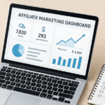 Tracking Affiliate Progress. Laptop showing analytics dashboard (clicks, conversion rate, etc)