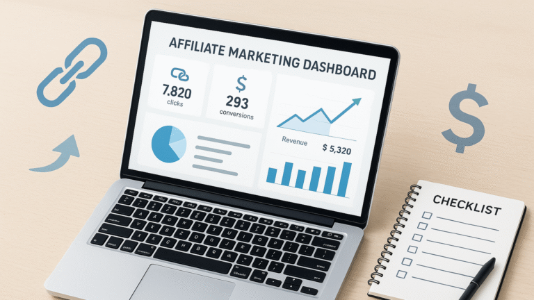 Tracking Affiliate Progress. Laptop showing analytics dashboard (clicks, conversion rate, etc)