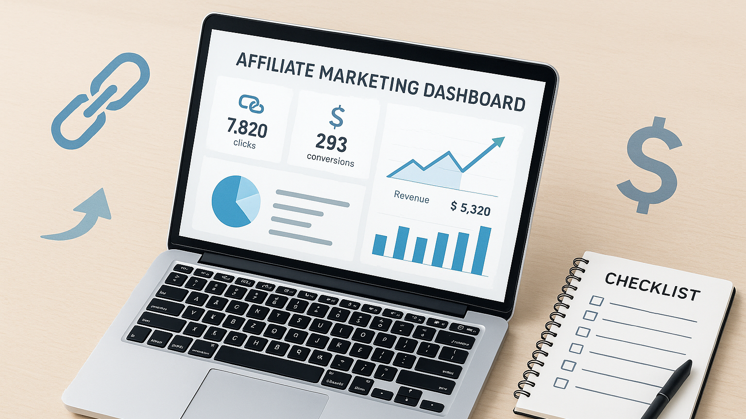 Tracking Affiliate Progress. Laptop showing analytics dashboard (clicks, conversion rate, etc)