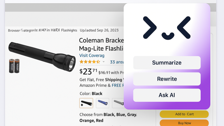Merlin AI extension with a popup showing options on Amazon product page