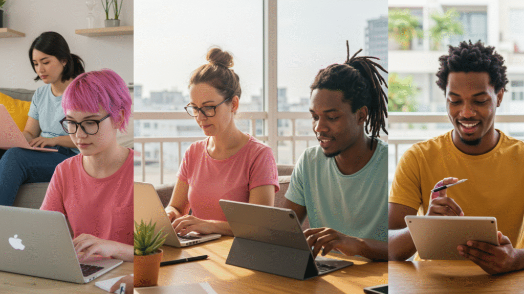 Diverse beginners learning affiliate marketing online.