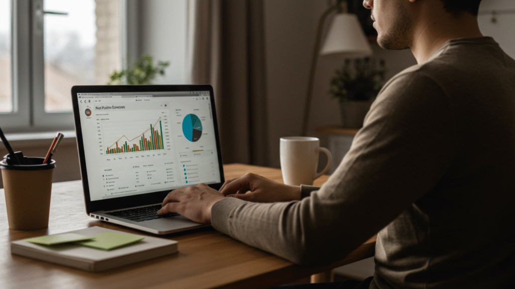 Beginner affiliate marketer checking income dashboard at home.