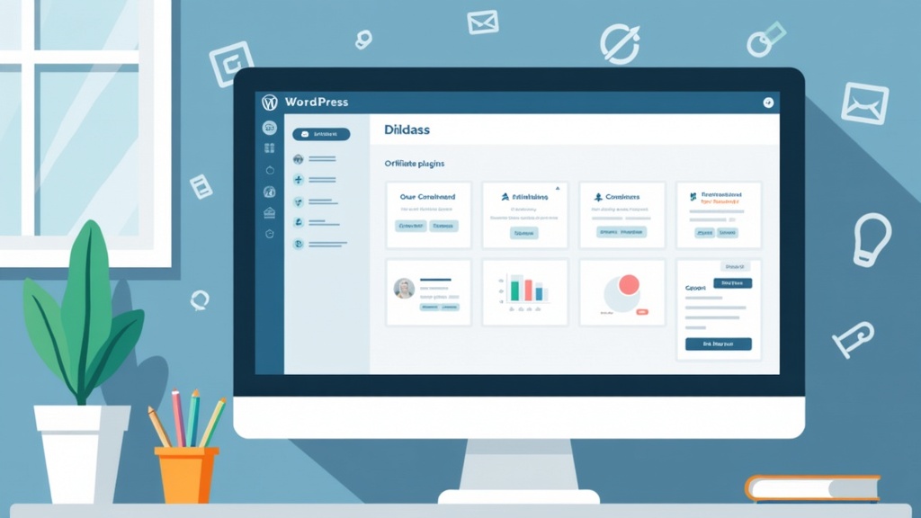 A digital workspace featuring a computer screen displaying a WordPress dashboard with various plugin options, surrounded by affiliate marketing icons like links and graphs.