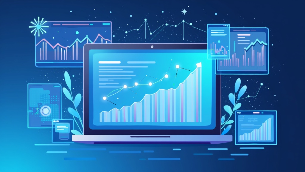 An abstract infographic showing website analytics data, graphs, and charts on screens