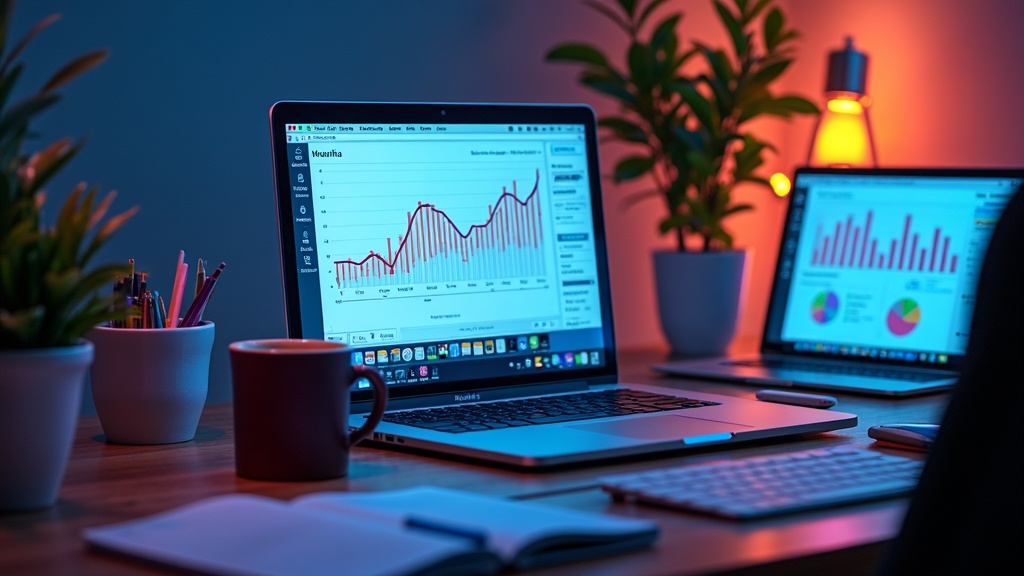 Collection of digital marketing and analytics tools, including laptops, graphs, and web dashboards, on a desk with plants and coffee mugs
