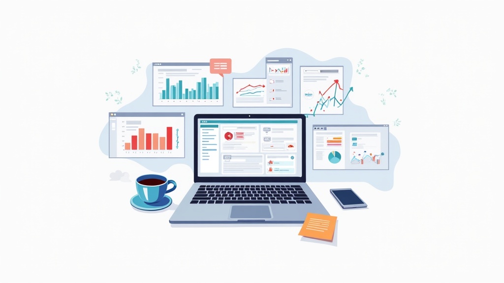 Illustration of a desktop workspace with an open laptop showing affiliate dashboards and notes, surrounded by sticky notes and coffee.